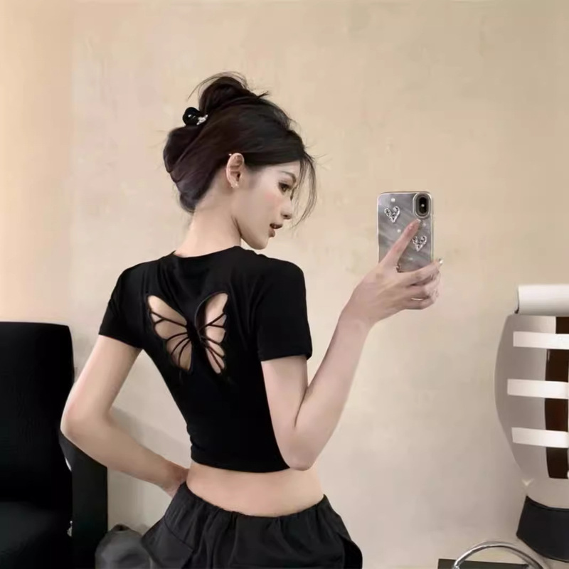 Hollow Bow Embroidered Shoulder Short-sleeved T-shirt Women's Summer Navel-exposed Short Slim-fit Slimming Spice Girl Top