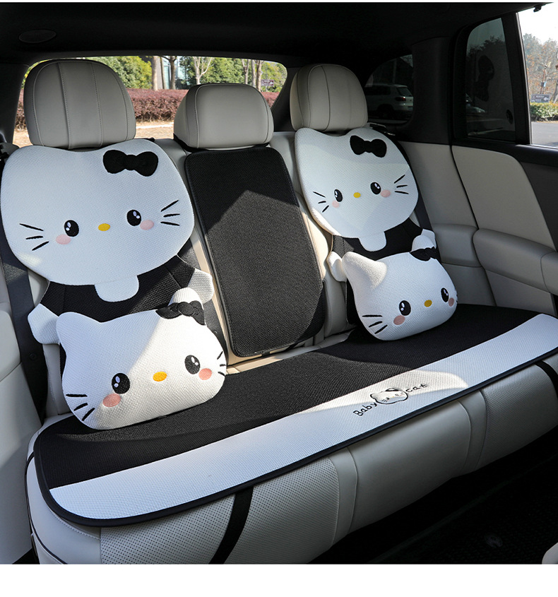 26 new linen car seat cushions, suitable for all seasons, breathable for summer, cute cartoon KT cat design for women, rear seat covers