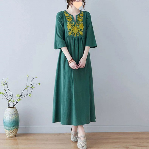 Embroidered cotton and linen maxi dress for plus-size women, seven-armhole collar, covers the abdomen, long length, imitation linen word dress