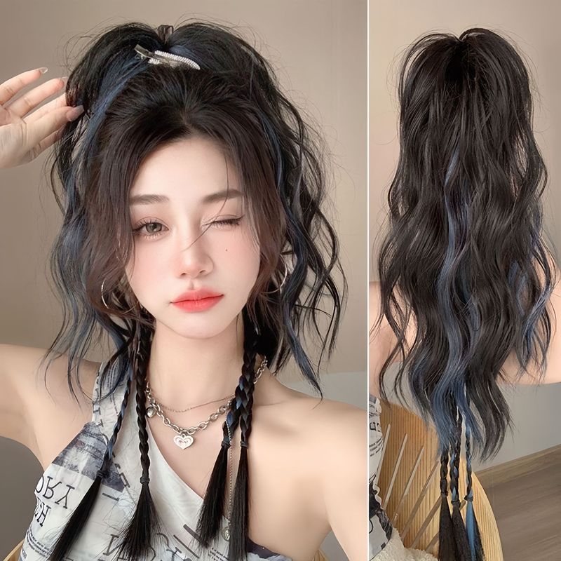 拳击辫假马尾女彩色挑染卷发抓夹瀑布水波纹半扎高马尾假发辫子|undefined