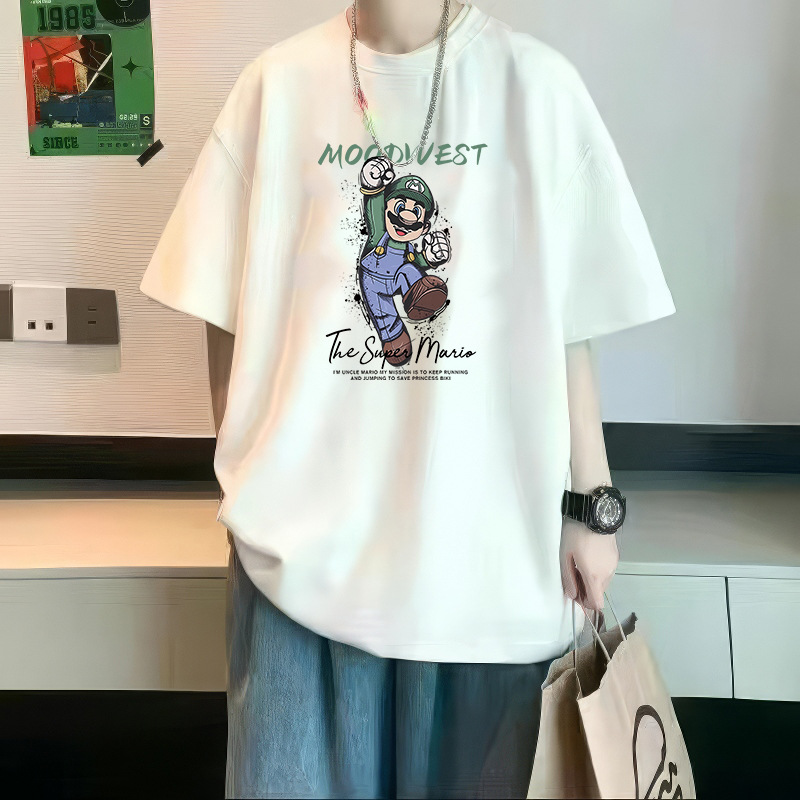 厂家批发夏季男士圆领短袖马里奥卡通印花潮流宽松百搭五分袖上衣