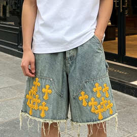 现货高版本克罗伈家  新款高街风密集黄十字贴皮流苏毛边牛仔短裤