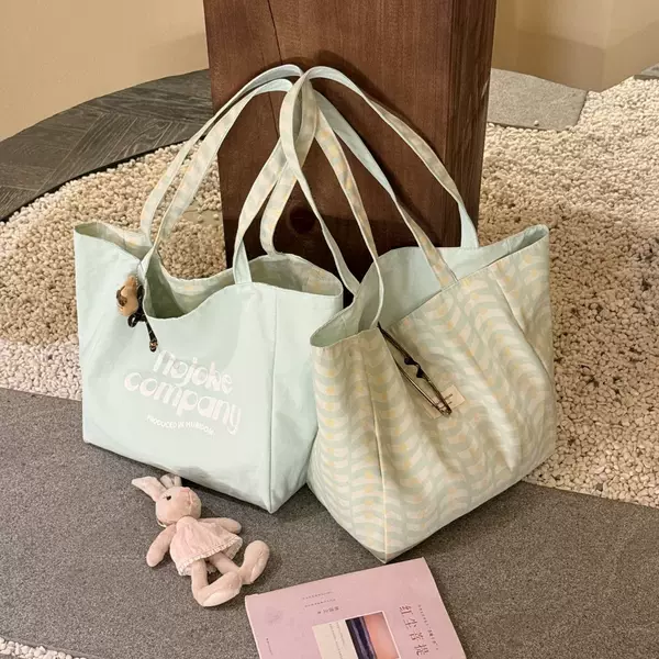 Korean-Style Solid Color Casual Plaid Canvas Bag for Women, Large Capacity Lettered Shoulder Tote Bag, Double-Sided Commuter Cloth Bag