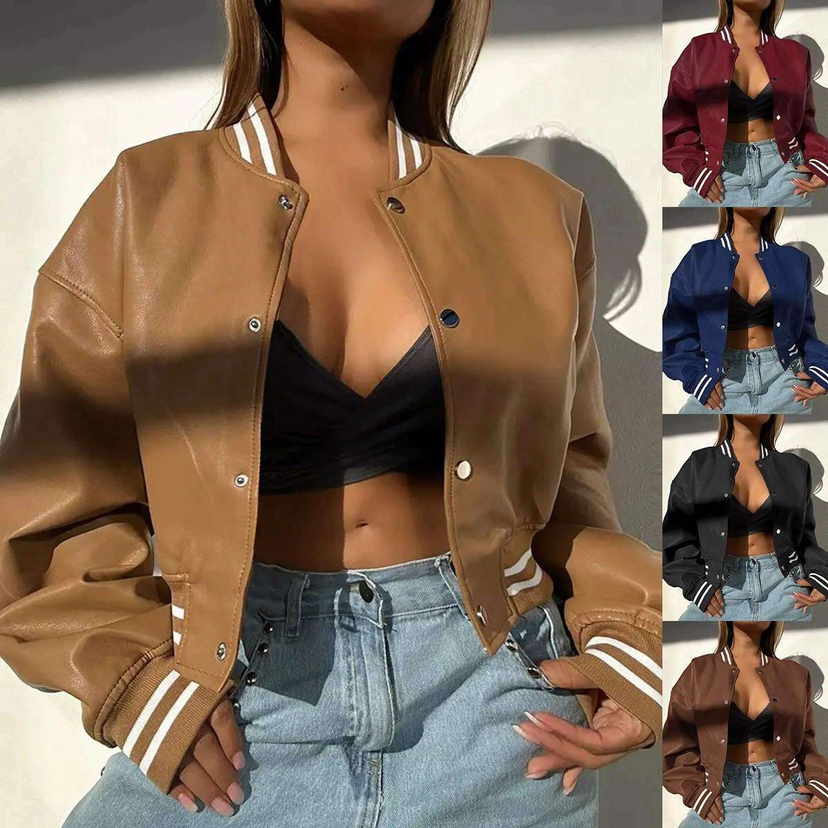 Трансграничная внешняя торговля Европейская и американская женская независимая станция AliExpress 2024 осень и зима с длинными рукавами локомотив мода ПУ кожаная куртка