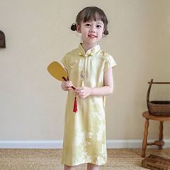 2025 新しい子供のチャイナドレス夏中国風の女の子ミドル丈スカート新中国風の漢服ドレス