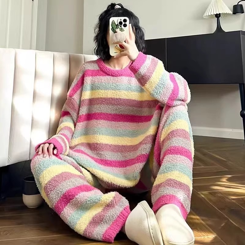 珊瑚绒彩色条纹睡衣女加厚加绒保暖套装法兰绒家居服网红风可外穿|undefined