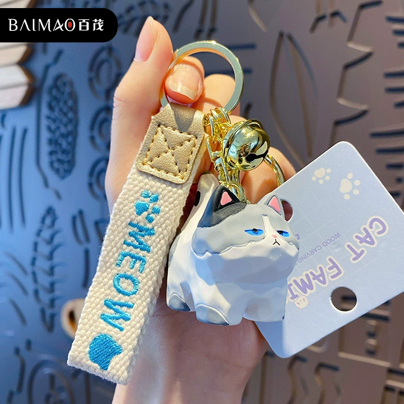 Милый брелок для ключей в виде resin-кошки из дерева, подвеска для сумки с колокольчиком и упаковкой OPP, 5 моделей