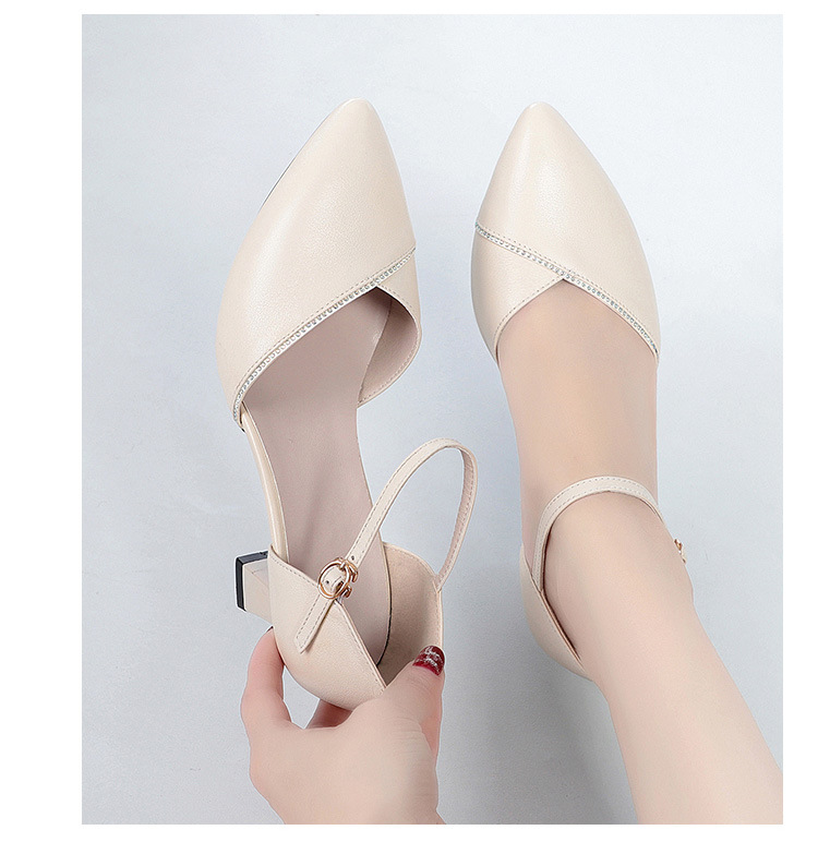 Sandal quai ngang da thật gót vuông mũi nhọn cho nữ, giày cao gót hở mũi kiểu dáng sang trọng — Màu be chi tiết 14