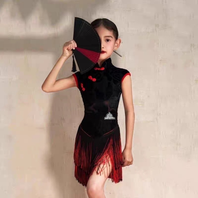 新しいダンス服子供ラテンダンス春と夏のノースリーブ古代スタイルのチャイナドレスタッセルパフォーマンス服練習服女の子ダンス|undefined