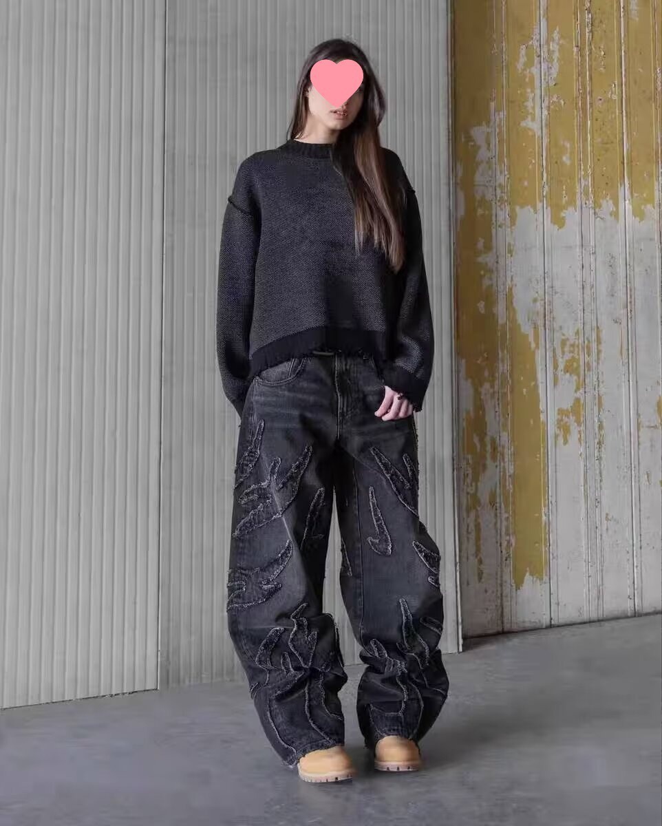 Vintage Embroidered Straight Leg Jeans For Men & Women – Relaxed Fit, Streetwear Fashion, Cotton Denim Pants (Black, Blue-Yellow)​_mkmklike.com