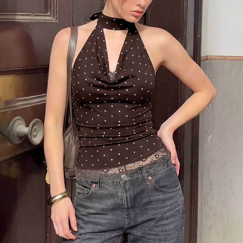 European And American Women's Clothing 2026 Summer New Fashion Polka Dot Lace Slim-fit Versatile Backless Strap-up Tube Top_ecoleips.com