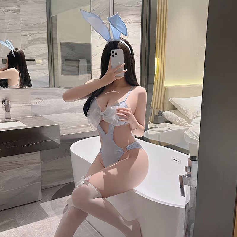 Sweet Bunny Uniform Costume Lingerie Set with Bow Detail and Pink Stockings — detail image 3