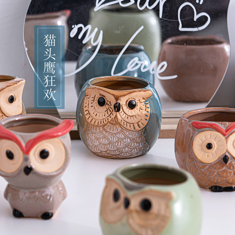 Cross-Border Succulent Flower Pot Owl Export Ceramic Stoneware Thumb Pot Planting Container Cute Creative Personalized Flower Vessel