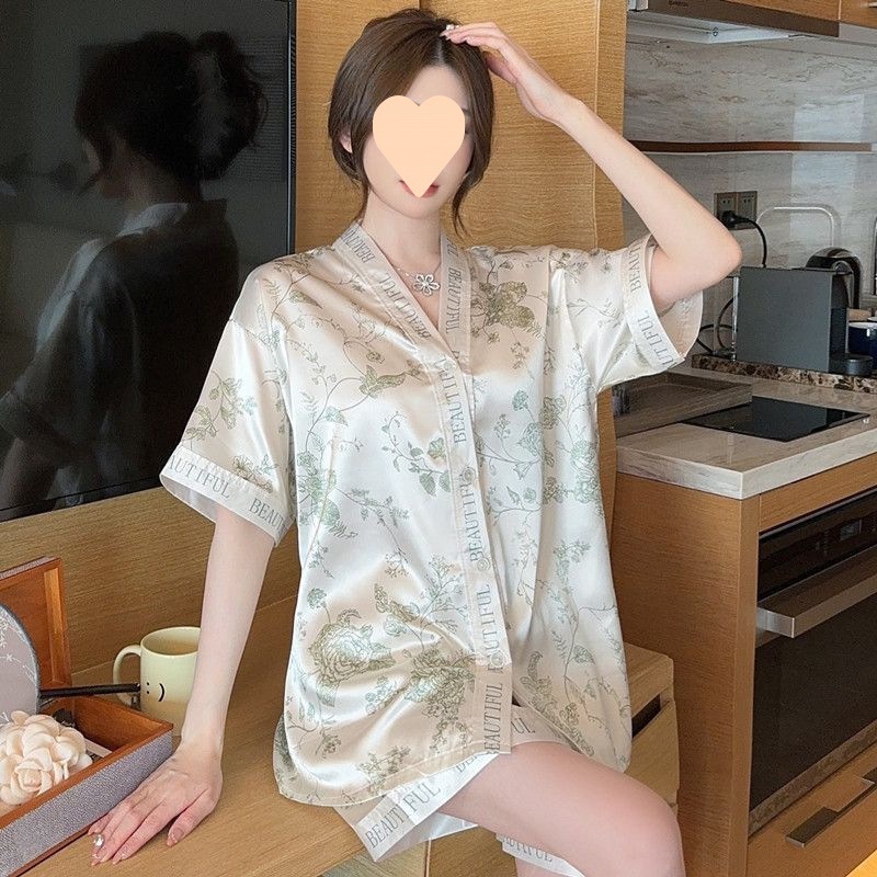 새로운 중국 스타일 국가 스타일 기모노 V 넥 아이스 실크 파자마 여성 여름 2024 새로운 짧은 소매 반바지 겉옷 홈 의류