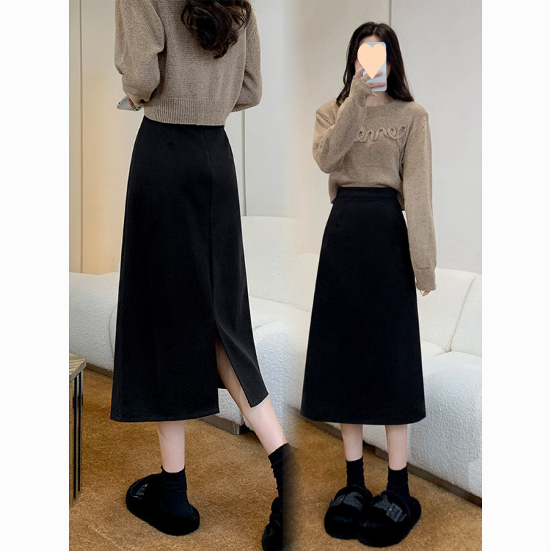 Women's High-Waisted Slit Woolen Semi-Permanent Autumn/Winter New Korean Version Medium-Length Straight Trousers With Characters Slimming Bustle Skirt Trendy