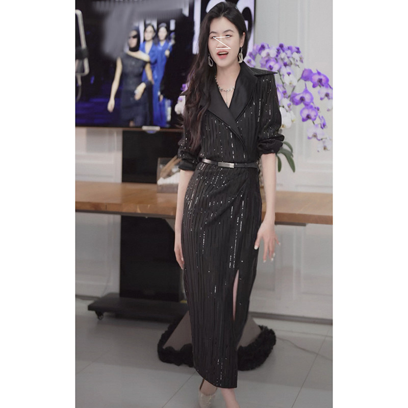 In-Stock Niche Luxury Heavy-Duty Sequined Striped Shirt Dress Vintage Style Slimming Pleated Slit Shirt Dress Long