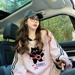 美式复古两条杠拼接薄款卫衣女甜酷风卡通涂鸦洋气宽松遮肚子上衣