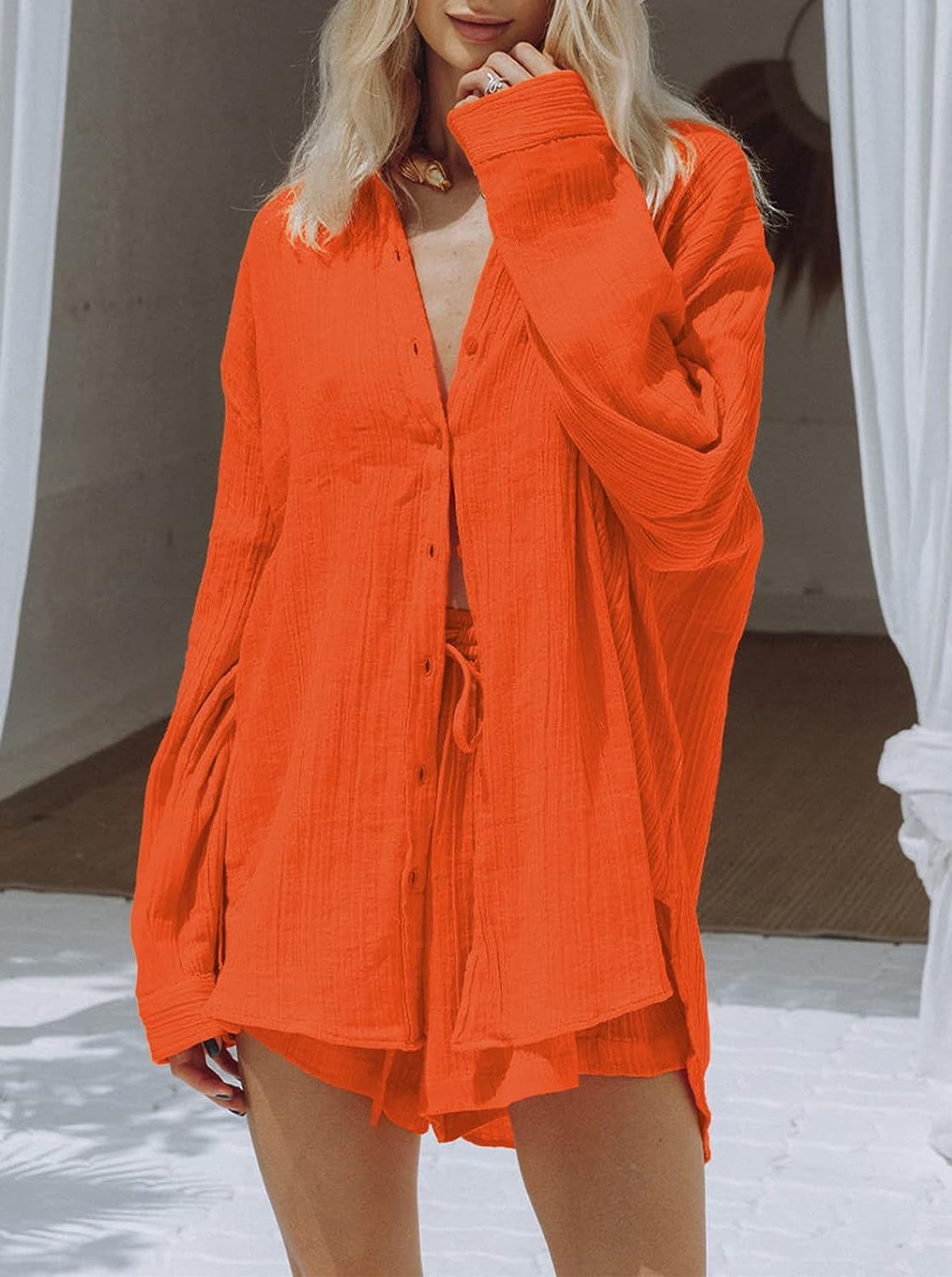 European American Style Women's Casual Two-Piece Set 2023 Summer New Long Sleeve Shirt Top And Shorts Sports Suit_ecoleips.com