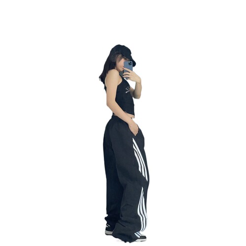 Women's Loose Wide-Leg Straight-Style Summer Tapered Paratrooper Pants with American-Style Side Stripes – Perfect for Street Dance, Sports, and Outdoor Workwear