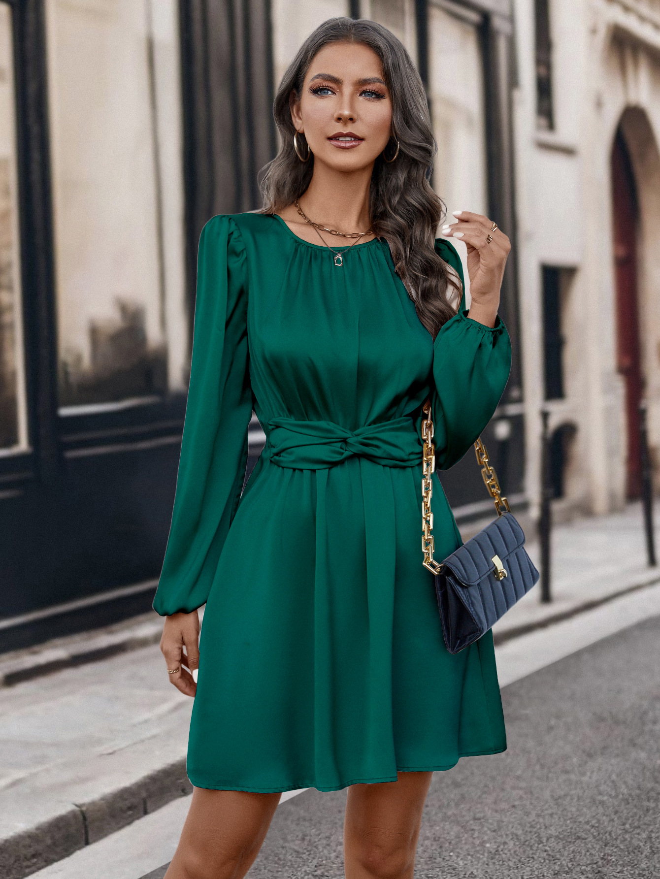 Robe plissée à col rond pour femme_voghion.com