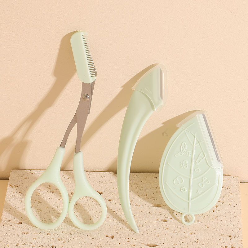 带梳修眉剪刀带防护网防刮伤刮毛刀初学者修眉工具弯月修眉刀套装