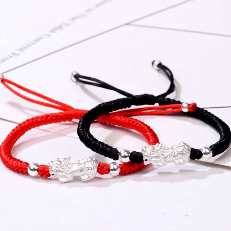 999 sterling silver bracelet for men and women hand-woven pure silver couple bracelet for men and women lucky beads red rope for birth year