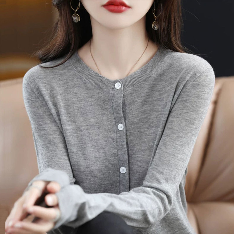 【厂家直供】秋季新款圆领针织开衫外套女纯色薄款宽松外搭毛衣|undefined