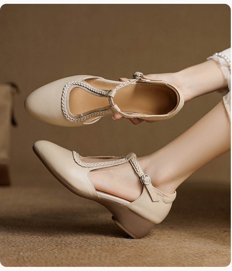 Sandal nữ quai ngang mũi nhọn da cừu đế xuồng gót 4.5 cm — nâu chi tiết 8