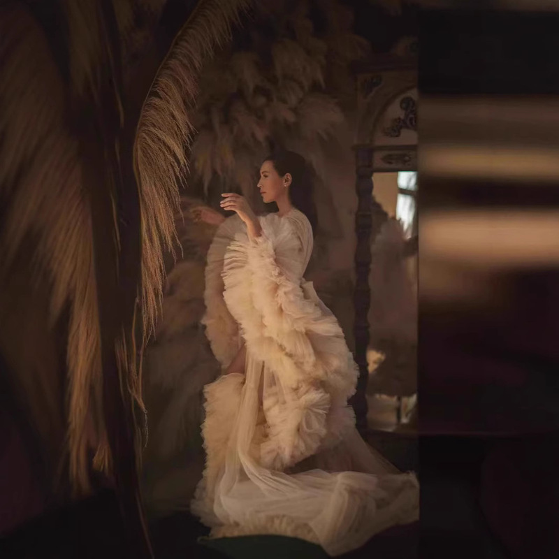 Bridal Tulle Robe Foreign Trade Long Transparent Sexy Mummy Dress French Nightgown dress Lotus Leaf Evening Dress for Women