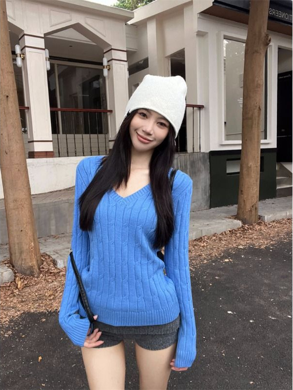 美式辣妹蓝色麻花V领毛衣女秋冬2025新款内搭针织打底衫修身上衣|undefined