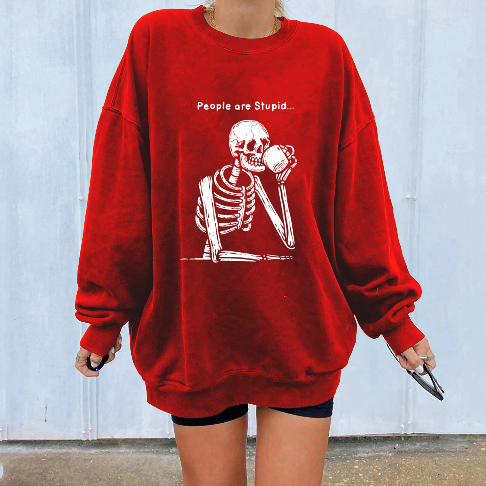 Women's Crew Neck Skull Print Sweatshirt Oversized Casual Pullover_voghion.com