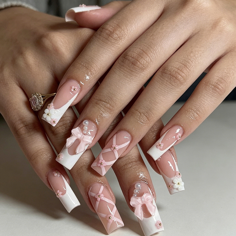 Hot-Selling Foreign Trade Model: 24-Piece Nail Art Set with Pink and White Bowknot Flower Rhinestones, Gentle French Style Rectangular Press-On Nails Wholesale Hot-Selling Foreign Trade Model: 24-Piece Nail Art Set with Pink and White Bowknot Flower Rhinestones, Gentle French Style Rectangular Press-On Nails Wholesale