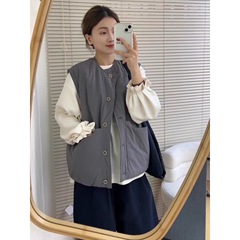韩系气质圆领夹棉马甲背心女2025秋冬新洋气宽松无袖棉服马夹外套