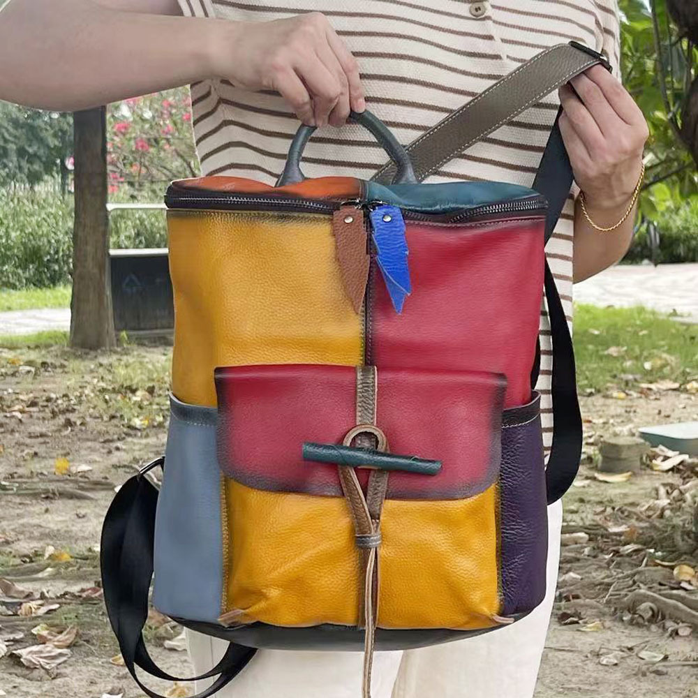 Women's Backpack, Hand Painted Cowhide Bucket Shoulder Bag_voghion.com