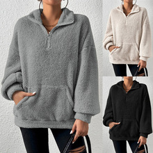 跨境速卖通 wish2023秋冬欧美新款毛毛绒加绒女士立领休闲卫衣女