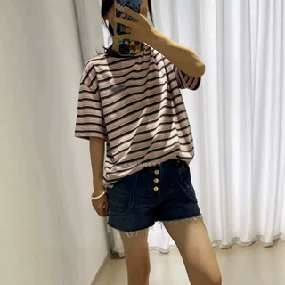 现货新款时尚百搭复古字母徽标刺绣撞色条纹圆领宽松短袖T恤 女