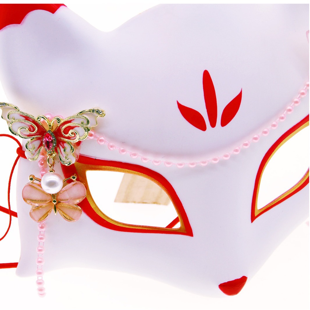Pequeño zorro blanco con espíritu 3 en todo estilo japonés estilo antiguo romántico media cara vestido máscara Hada mariposa zorro gato