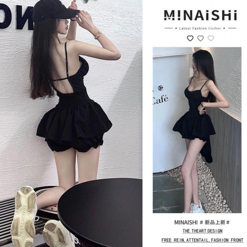 ホットガール中空バックレスウエストサスペンダーボディスーツ純粋な欲望ガーリースリムパンツスカート黒のショートスカートスーツ女性用|undefined