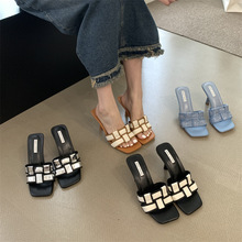 时尚韩版黑白拼色夏季外穿拖鞋2023新款细高跟一字凉拖鞋