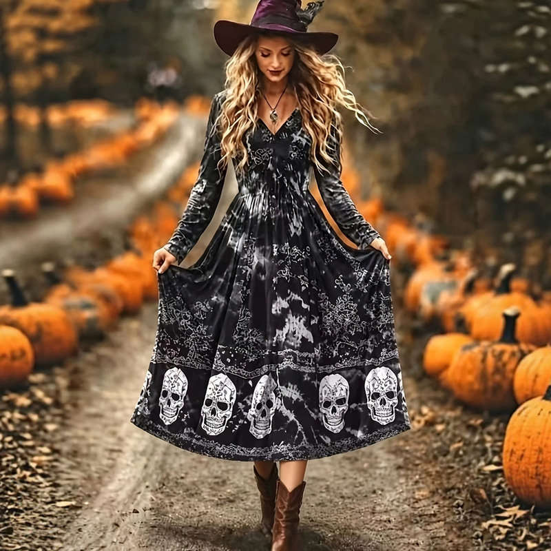 Halloween long dress A-line waist elastic drawstring retro bohemian party long sleeve skull print