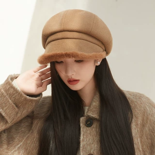 韩版秋冬帽子女高级感加厚毛绒边八角帽纯色百搭鸭舌帽保暖报童帽