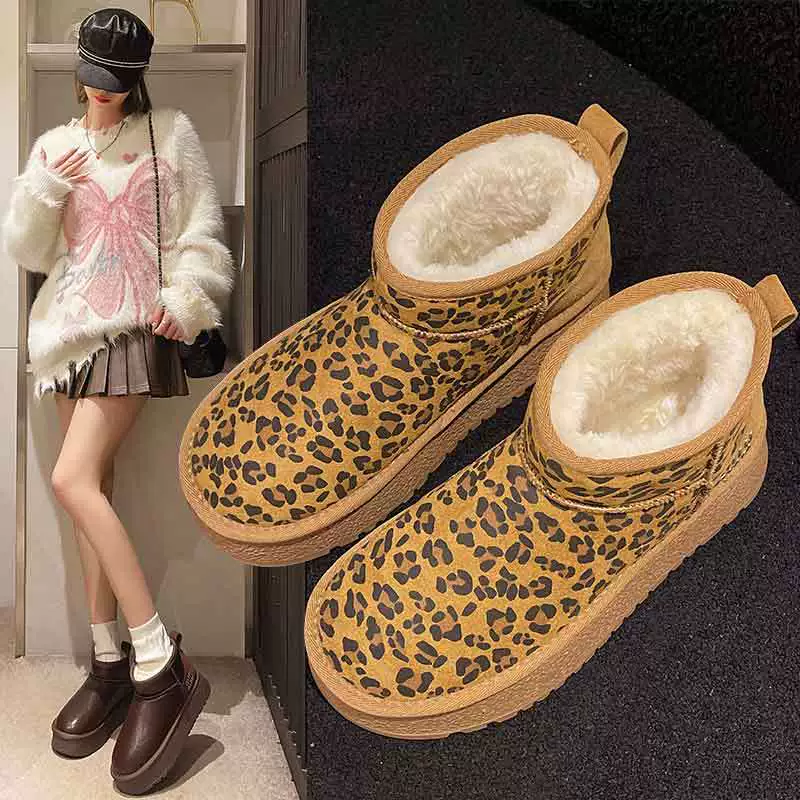 Снежные сапоги кожаные лапши дигл 2024 зимние шерстяные пушистые теплые хлопчатобумажные туфли водонепроницаемые мягкие кожаные толстые женские туфли