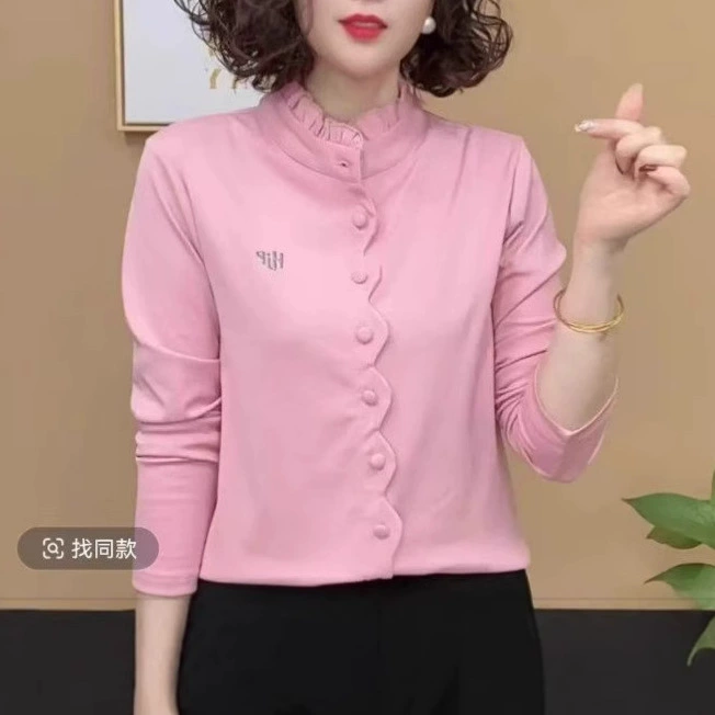 Дропшиппинг 2025 модная облегающая рубашка с воротником-стойкой, весна-осень, однотонная, стройнящая, универсальная, стильная, женская, с длинным рукавом