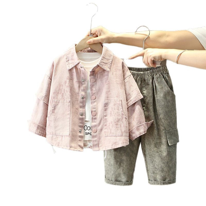 7060 traje de primavera y otoño para niños 2025 nuevo estilo teñido anudado para niños abrigo guapo traje de tres piezas versión coreana de moda para bebés