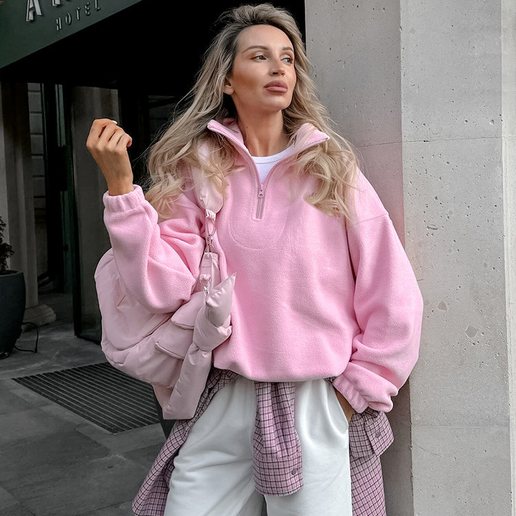 European and American autumn and winter new lamb velvet loose lapel pullover sweater 2025 fashion cross-border wholesale fleece women's clothing