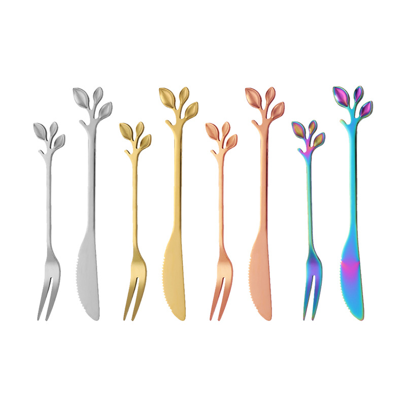 INS vajilla de acero inoxidable cuchillo y tenedor hojas creativas pastel de Luna cuchillo y tenedor traje hogar dos dientes Tenedor de fruta tenedor postre