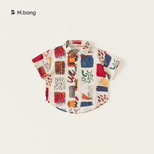 宥宝童装夏款新品男小童撞色翻领上衣儿童轻薄短袖时尚印花衬衫