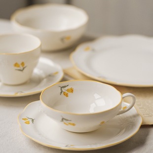 French tableware creative relief Tulip ceramic round bowl plate household rice bowl salad bowl soup bowl coffee cup and saucer