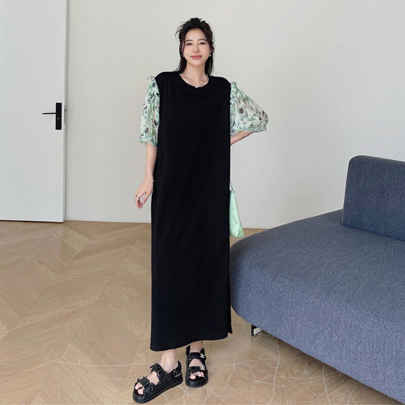 2024 New plus size Casual Summer Dress Knee-length T-shirt Skirt Split Stitching Lace Short-sleeved dress