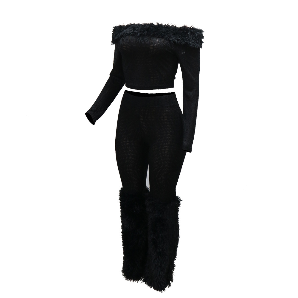 Women Long Sleeved off Shoulder Top Slim Trousers Furry Two Piece Set